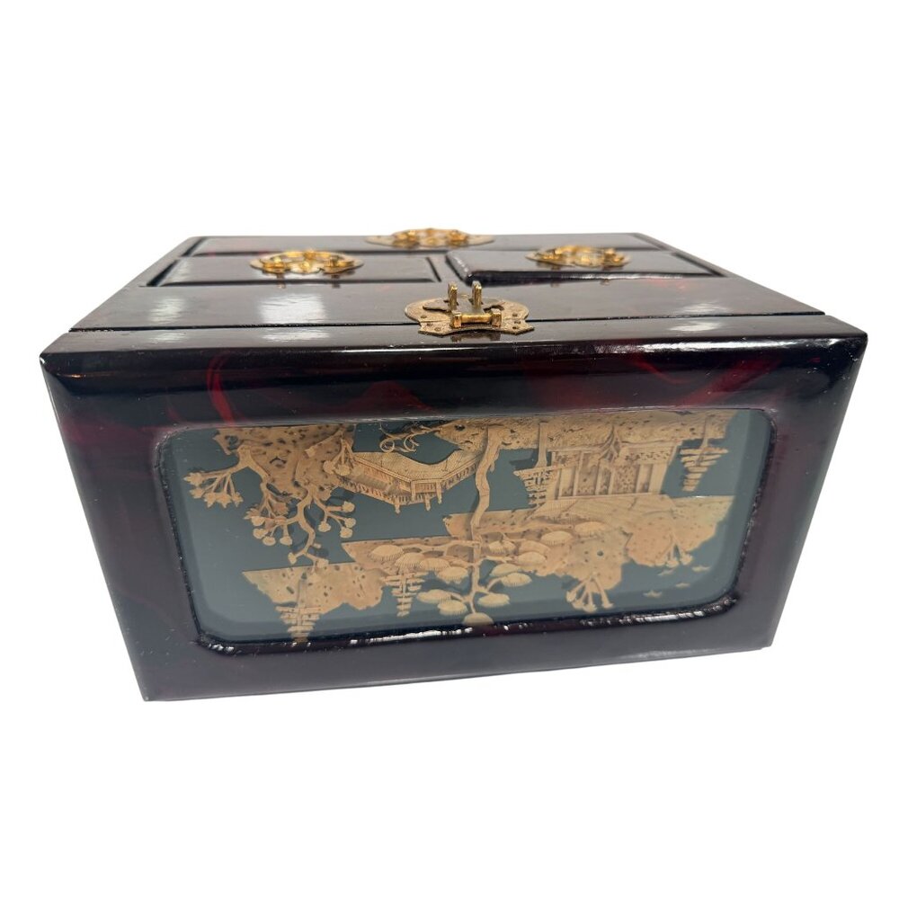 Vintage Oriental Wood Laquer Jewelry Box Red Silk Lining Mirror Carved Top - Picture 15 of 16